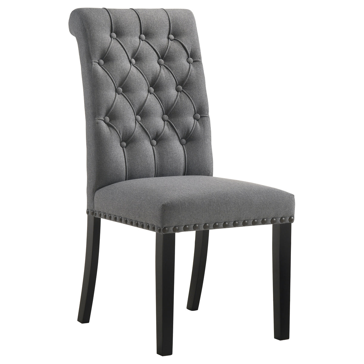 Alana Button-Tufted Dining Side Chairs, Set of 2 - Rolled Top & Nailhead Trim in Sand Velvet or Grey – view 19