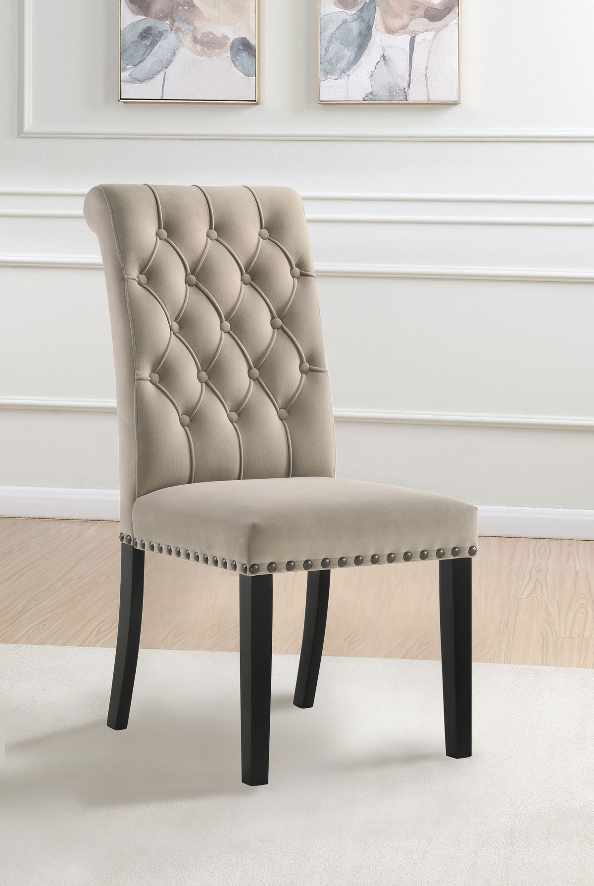 Alana Button-Tufted Dining Side Chairs, Set of 2 - Rolled Top & Nailhead Trim in Sand Velvet or Grey – view 1