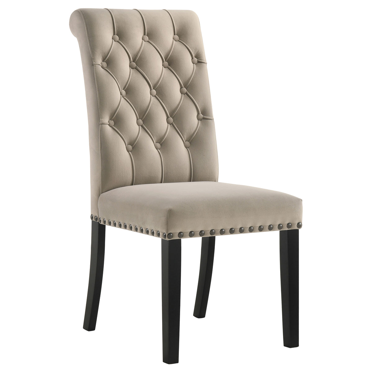 Alana Button-Tufted Dining Side Chairs, Set of 2 - Rolled Top & Nailhead Trim in Sand Velvet or Grey – view 5