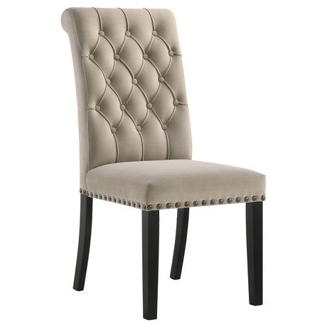 Alana Button-Tufted Dining Side Chairs, Set of 2 - Rolled Top & Nailhead Trim in Sand Velvet or Grey – view 5