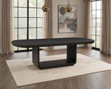 Leandro Pedestal Dining Collection - 60" Round or 78"-96" Extension Table in Burnished Black with Cream Chairs - lifestyle