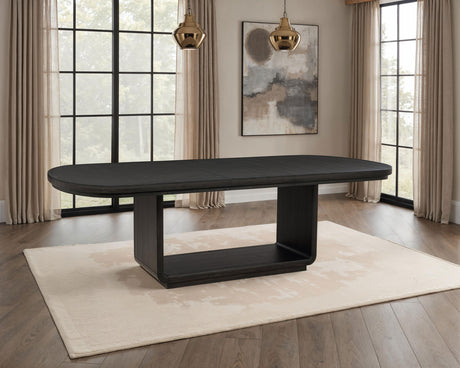 Leandro Pedestal Dining Collection - 60" Round or 78"-96" Extension Table in Burnished Black with Cream Chairs - lifestyle
