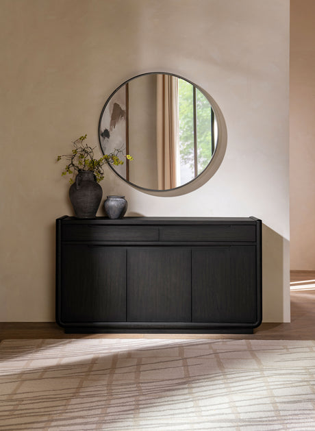 Leandro Pedestal Dining Collection - 60" Round or 78"-96" Extension Table in Burnished Black with Cream Chairs - lifestyle