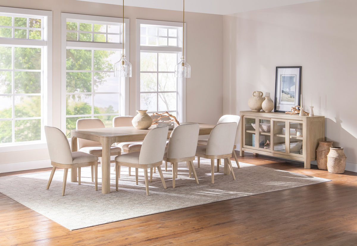 Solano 90" Extension Dining Table & Sets - Weathered Mango with Curved Legs, Beige Upholstered Chairs & Sideboard – view 18