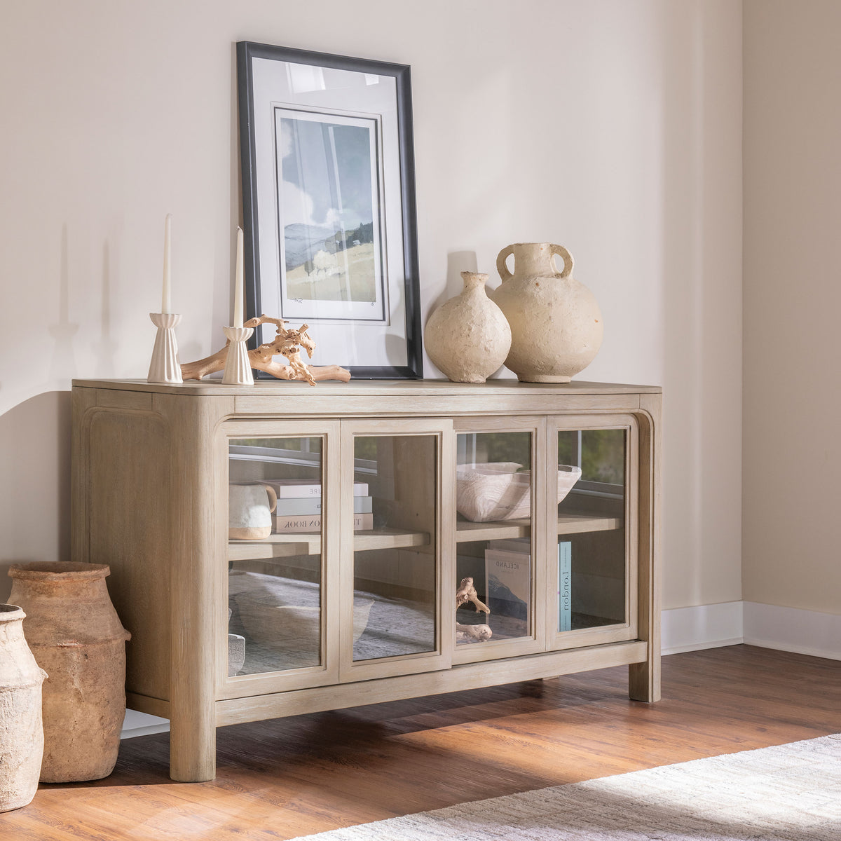 Solano 90" Extension Dining Table & Sets - Weathered Mango with Curved Legs, Beige Upholstered Chairs & Sideboard - lifestyle