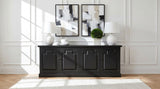 Baney Extension Dining Collection - Distressed Black Trestle Table, Round Pedestal Table, Sideboard & Wingback Chairs - lifestyle