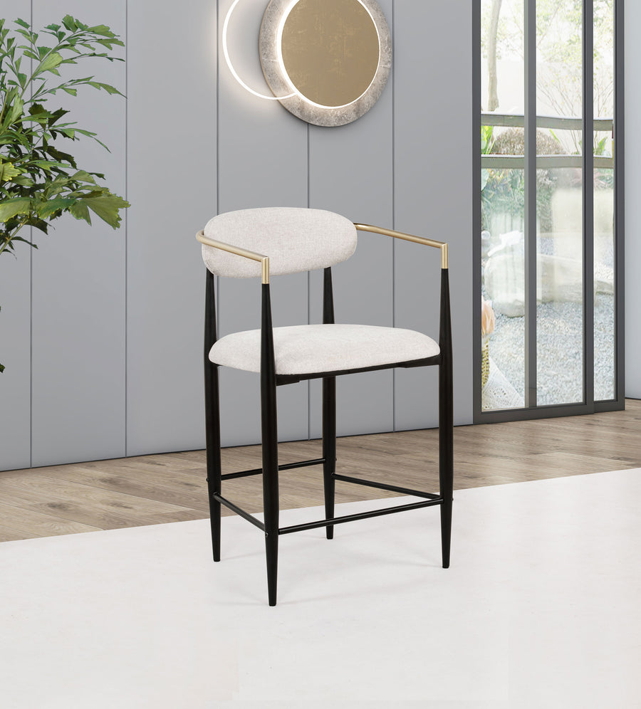 Tina Upholstered Counter Height Stools (Set of 2) - Open Back in Light Beige Linen with Black Footrest Base