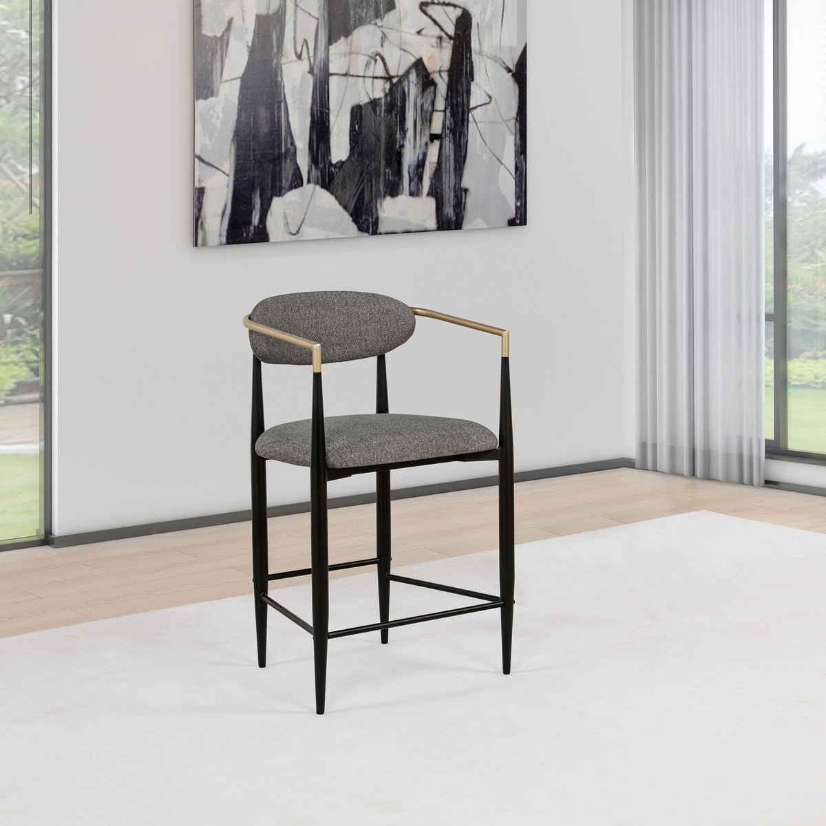 Tina Open-Back Counter Height Chairs, Set of 2 - Dark Grey Linen-Like Seats on Black Metal Base – view 1