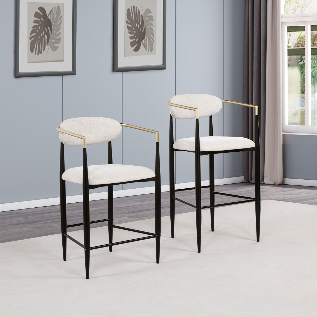 Tina Mid-Century Bar Stools, Set of 2 - Beige Upholstery with Gold Arms & Black Metal Base – view 14
