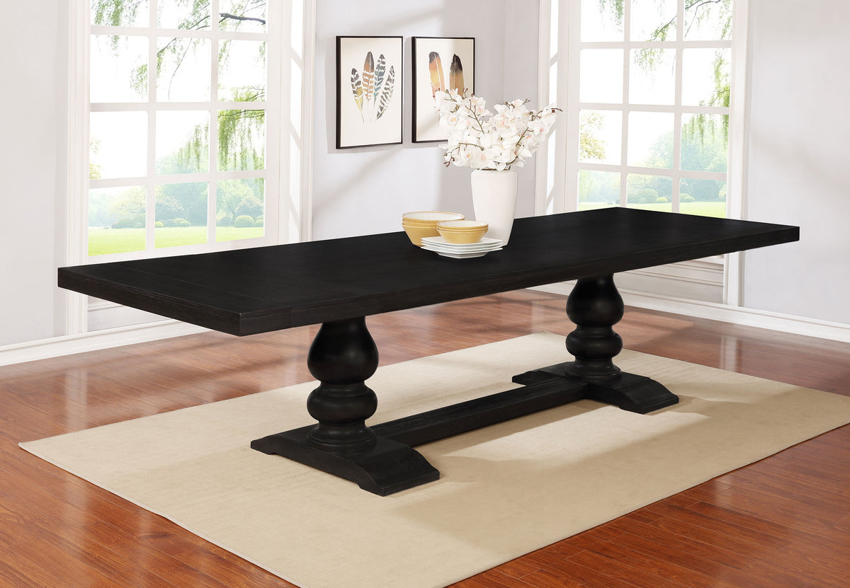 Phelps 123" Extension Dining Table & Sets - Distressed Noir Double Pedestal with Tan Upholstered Chairs – view 1