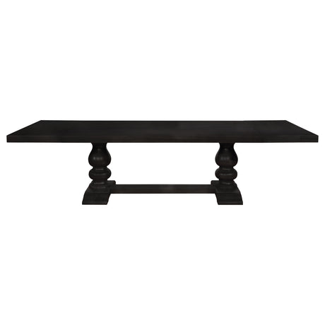 Phelps 123" Extension Dining Table & Sets - Distressed Noir Double Pedestal with Tan Upholstered Chairs – view 14