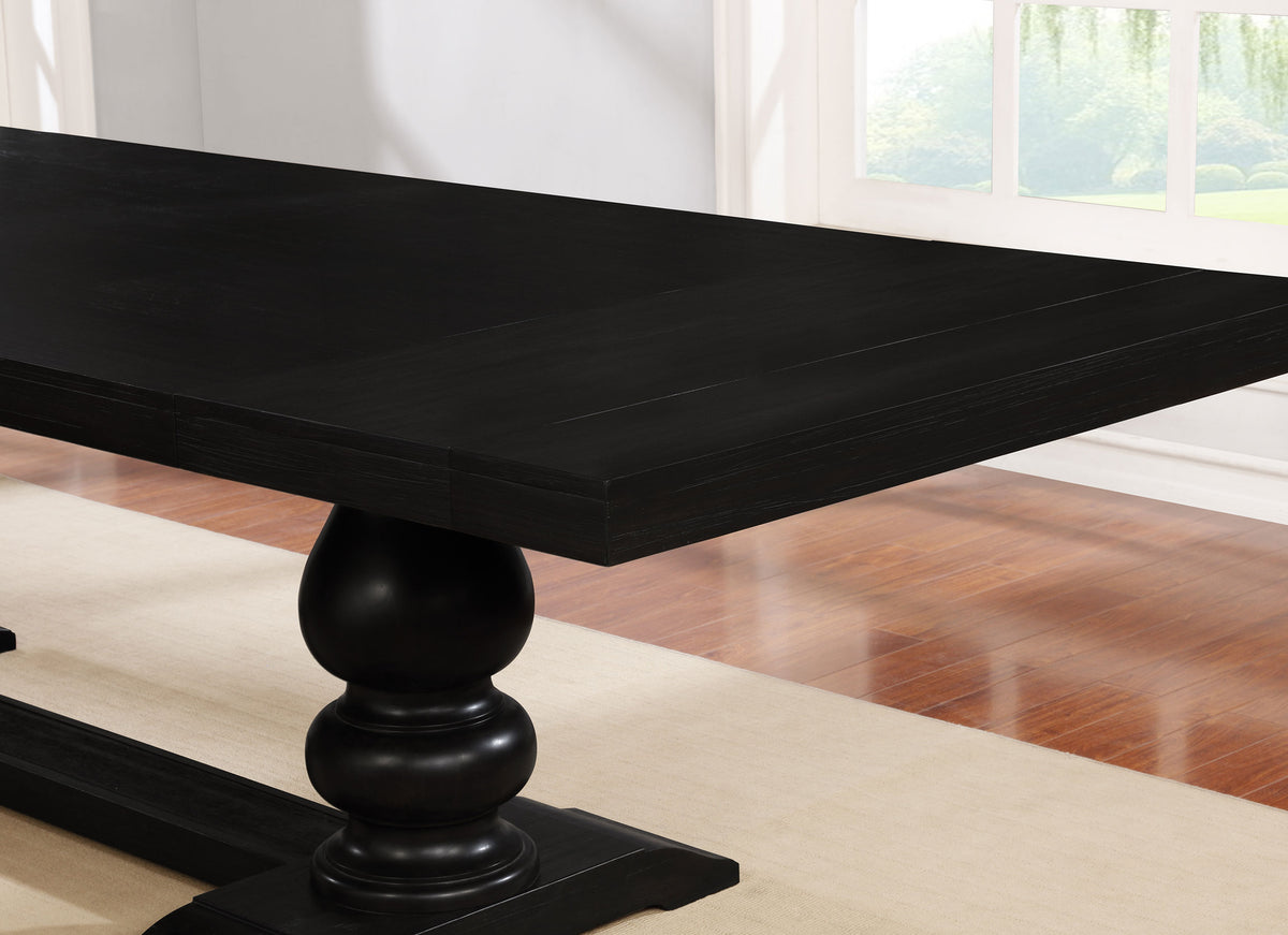 Phelps 123" Extension Dining Table & Sets - Distressed Noir Double Pedestal with Tan Upholstered Chairs – view 16