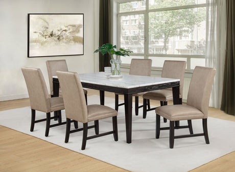 Averill 72" White Marble Top Dining Table & 7-Piece Sets - 7pcs- Table + 6 Tan Side Chairs