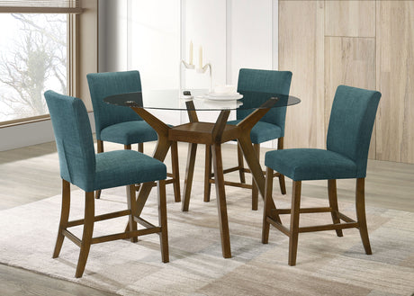 Paxton Counter Height Dining Set - 5pcs- Glass Top Table + 4 Teal Blue Counter Chairs
