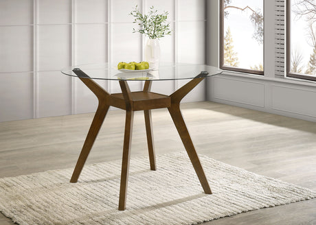 Paxton Counter Height Dining Set - 48" Round Glass Top, Angular Brown Wood Base & Upholstered Chairs – view 1