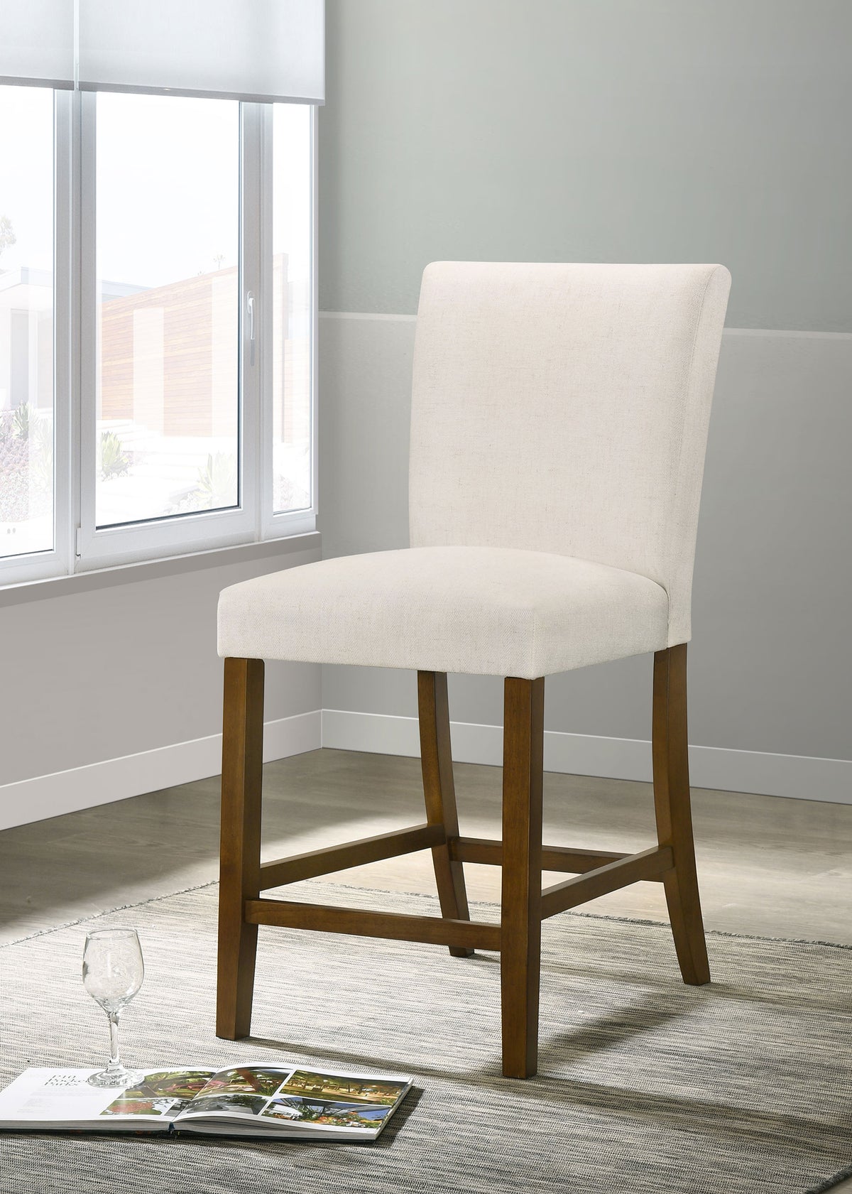 Paxton Counter Height Dining Set - 48" Round Glass Top, Angular Brown Wood Base & Upholstered Chairs - lifestyle