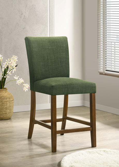 Paxton Counter Height Dining Set - 48" Round Glass Top, Angular Brown Wood Base & Upholstered Chairs - lifestyle