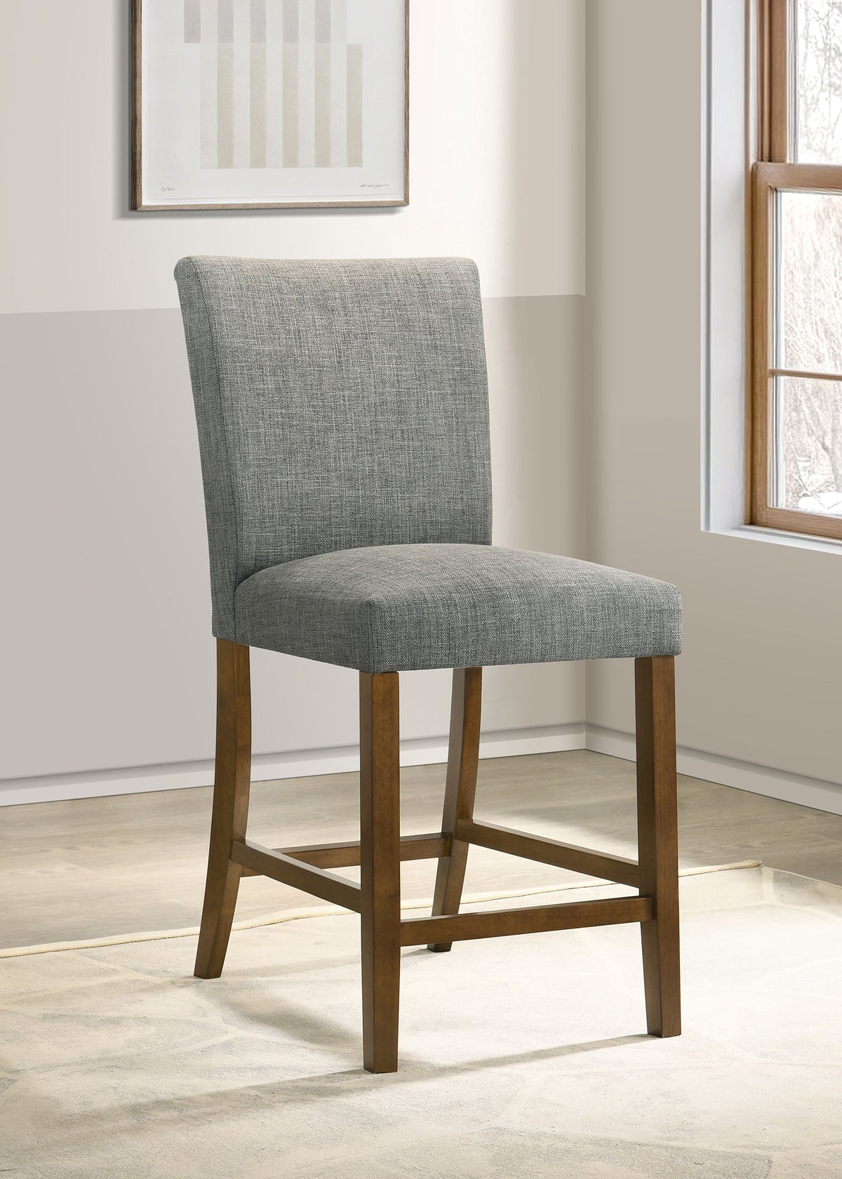 Paxton Counter Height Dining Set - 48" Round Glass Top, Angular Brown Wood Base & Upholstered Chairs - lifestyle