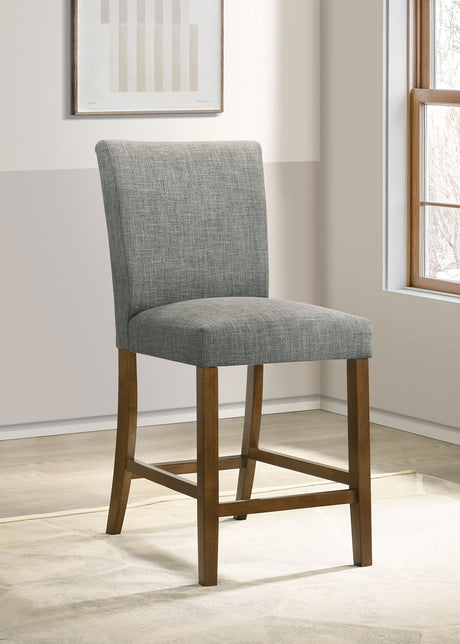 Paxton Counter Height Dining Set - 48" Round Glass Top, Angular Brown Wood Base & Upholstered Chairs - lifestyle