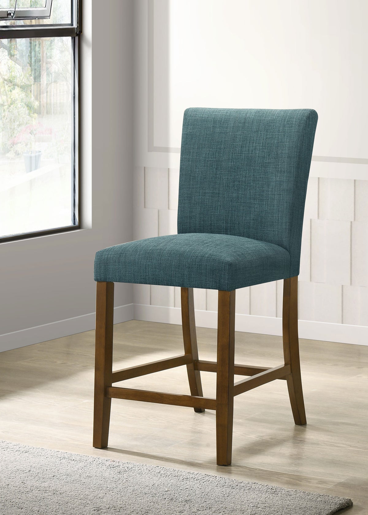 Paxton Counter Height Dining Set - 48" Round Glass Top, Angular Brown Wood Base & Upholstered Chairs - lifestyle