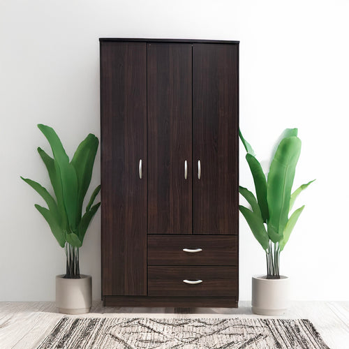 Olean 3-Door Wardrobe - Hanging Rod, Shelves & 2 Drawers in Espresso