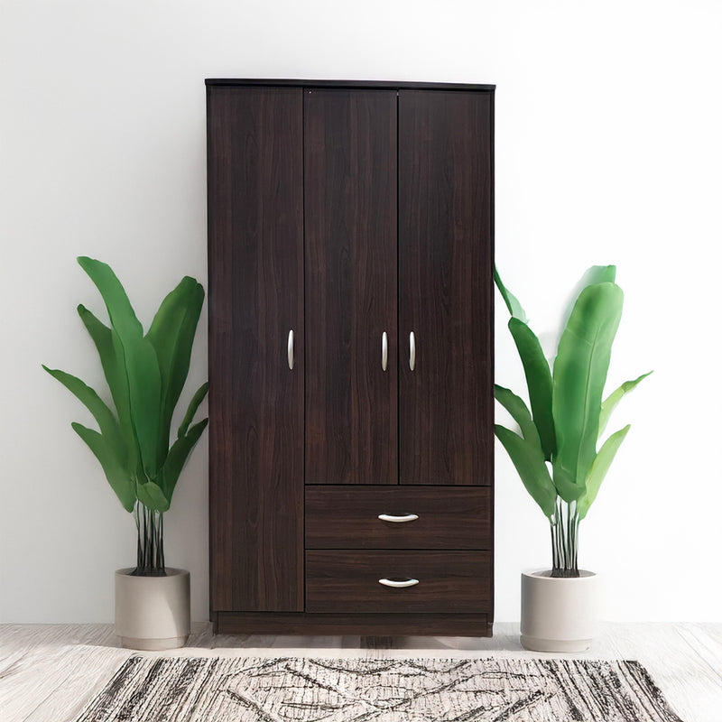 Olean 3-Door Wardrobe - Hanging Rod, Shelves & 2 Drawers in Espresso
