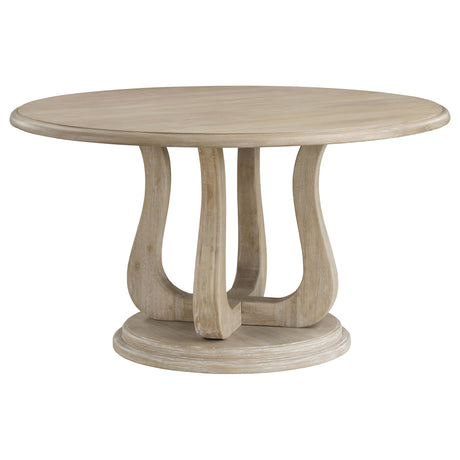 Trofello 60" Round Pedestal Dining Table & Set - Modern Farmhouse White Washed with Beige Chairs – view 11