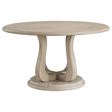 Trofello 60" Round Pedestal Dining Table & Set - Modern Farmhouse White Washed with Beige Chairs – view 12