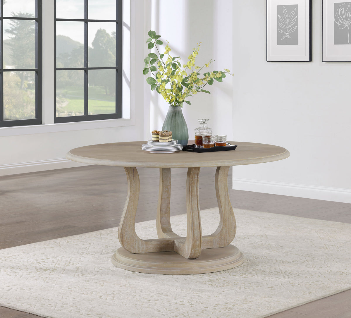 Trofello 60" Round Pedestal Dining Table & Set - Modern Farmhouse White Washed with Beige Chairs – view 1