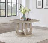 Trofello 60" Round Pedestal Dining Table & Set - Modern Farmhouse White Washed with Beige Chairs – view 1