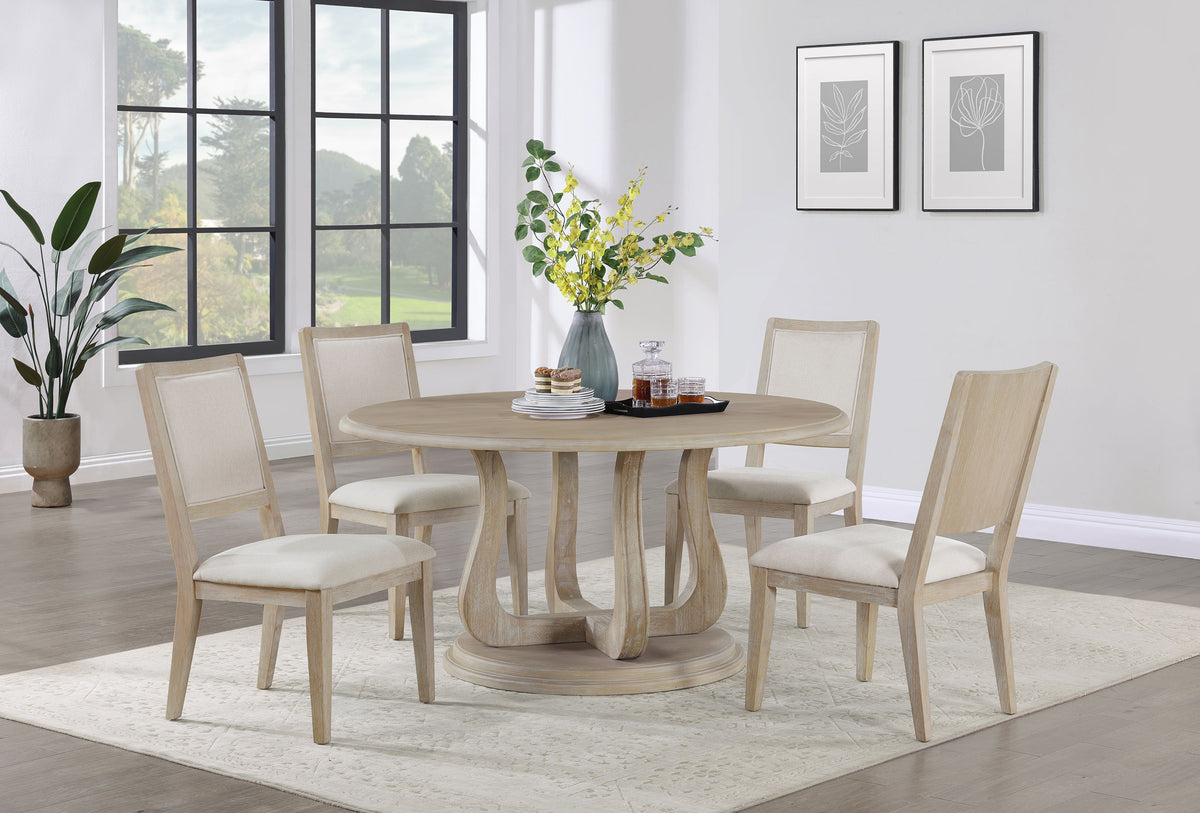 Trofello 60" Round Pedestal Dining Table & Set - Modern Farmhouse White Washed with Beige Chairs – view 9