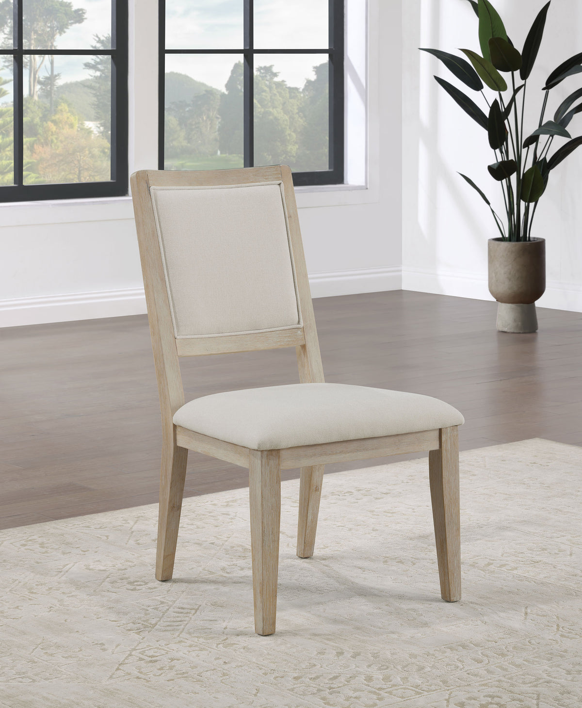 Trofello 60" Round Pedestal Dining Table & Set - Modern Farmhouse White Washed with Beige Chairs - lifestyle