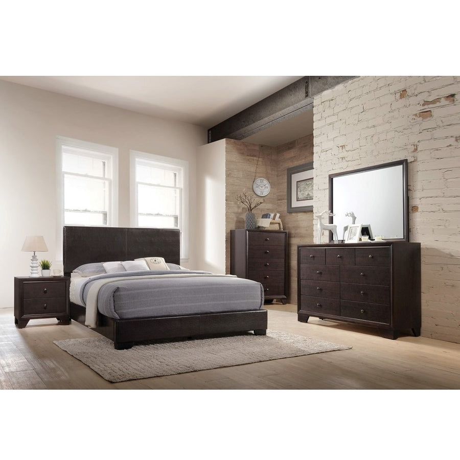 Ireland III Eastern King Padded Panel Bed - Low-Profile Footboard in Brown Leatherette
