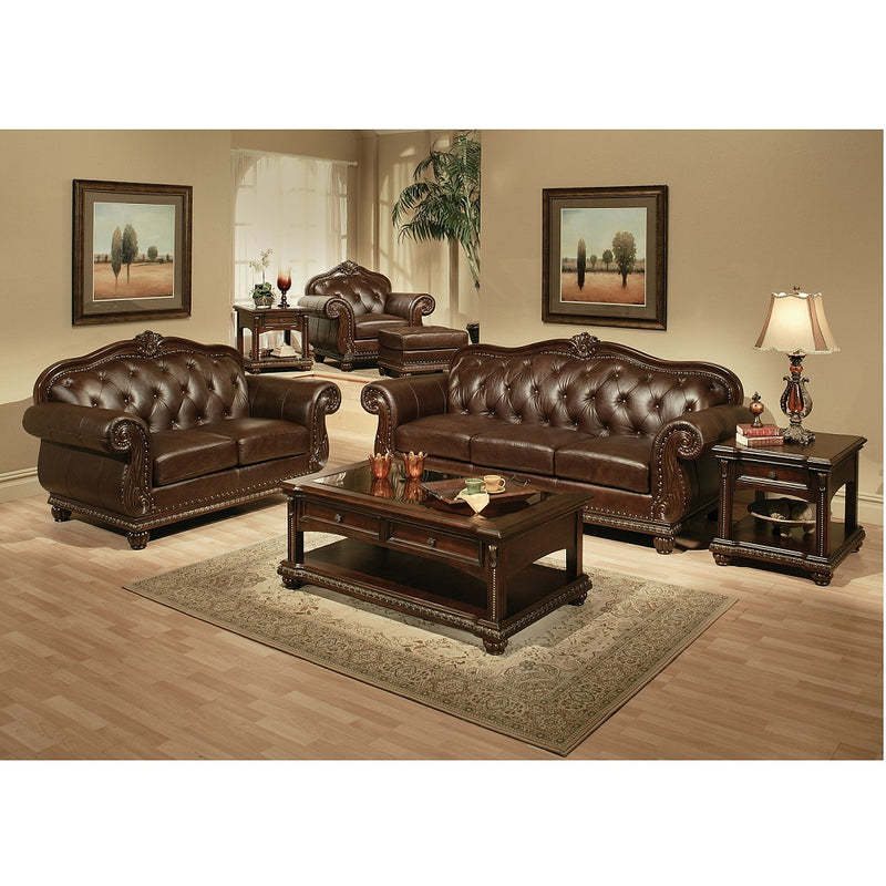 Anondale Living Room Collection - Button-Tufted Rolled-Arm Seating & Nailhead Trim in Espresso Top Grain Leather Match