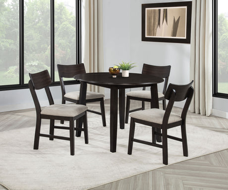 Catley 5-Piece Round Drop Leaf Dining Set - Dark Coffee Table with Ivory Upholstered Chairs – view 1