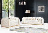 Detailed view of the fabric upholstery and clean lines of the Charisma seating set.