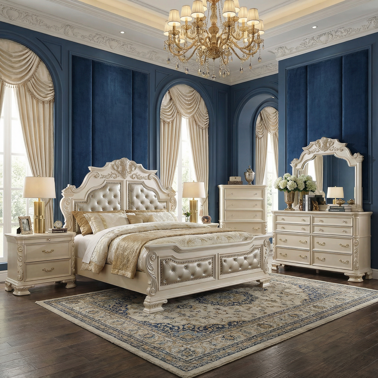 Luxurious bedroom with ornate furniture, chandelier, and decorative elements.