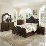 Luxurious bedroom with ornate wooden furniture and large windows.