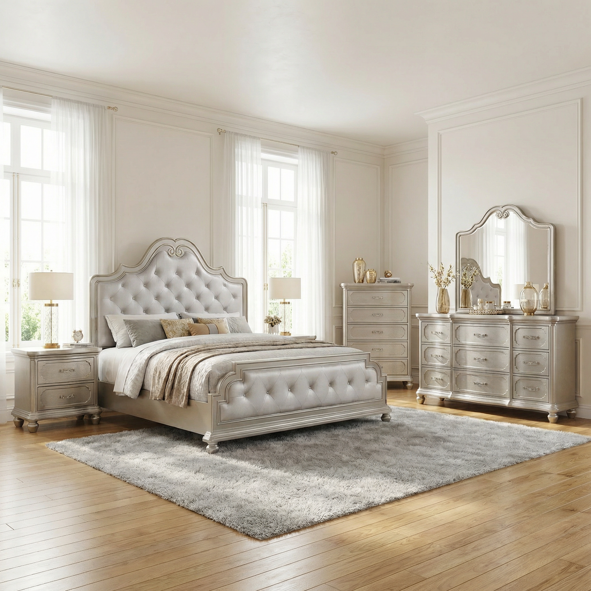 Traditional Silver Ornate Tufted Master Roma Bedroom Set