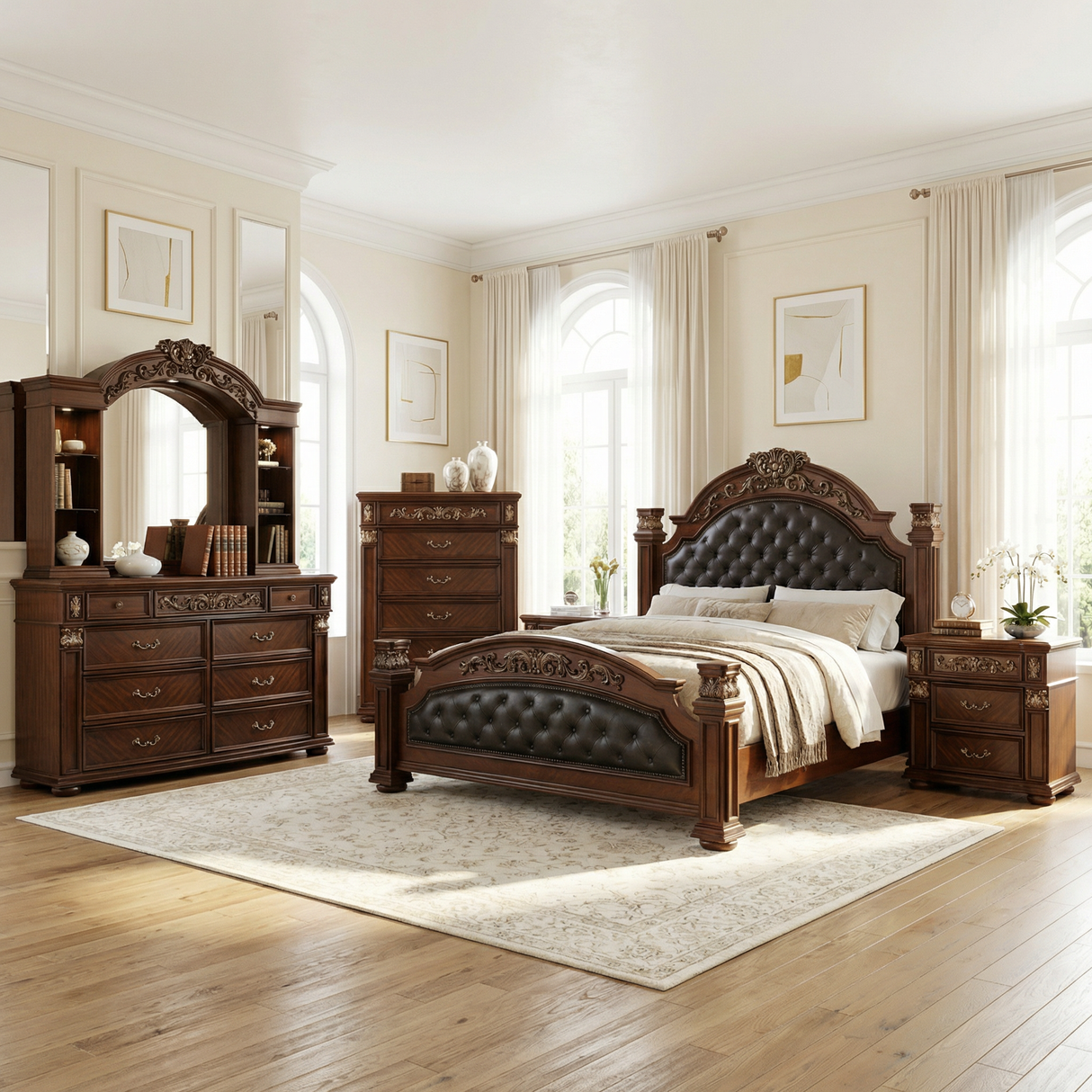 Traditional Ornate Cherry Wood 5-Piece Aspen Bedroom Furniture Set