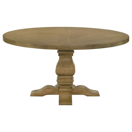 Florence French Country Dining - 126" Trestle Extension Table, 60" Round Pedestal Table & Sideboard in Rustic Honey – view 18