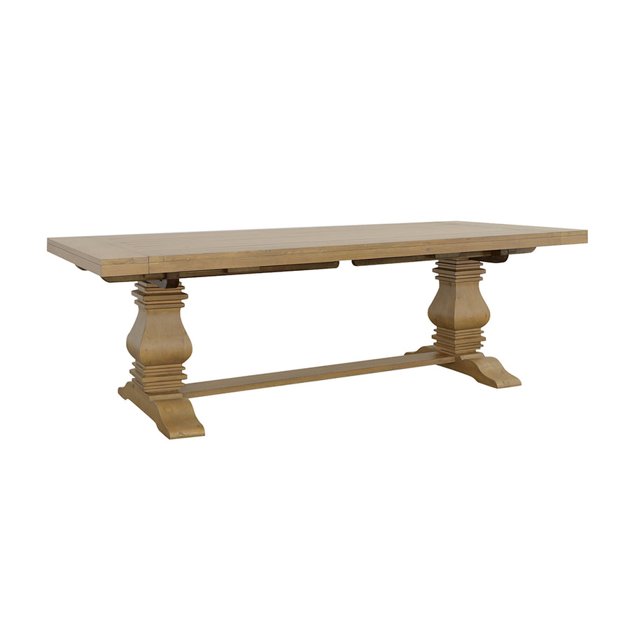 Florence French Country Dining - 126" Trestle Extension Table, 60" Round Pedestal Table & Sideboard in Rustic Honey