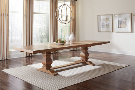 Florence French Country Dining - 126" Trestle Extension Table, 60" Round Pedestal Table & Sideboard in Rustic Honey – view 6