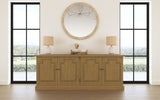 Florence French Country Dining - 126" Trestle Extension Table, 60" Round Pedestal Table & Sideboard in Rustic Honey - lifestyle