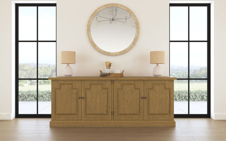 Florence French Country Dining - 126" Trestle Extension Table, 60" Round Pedestal Table & Sideboard in Rustic Honey - lifestyle