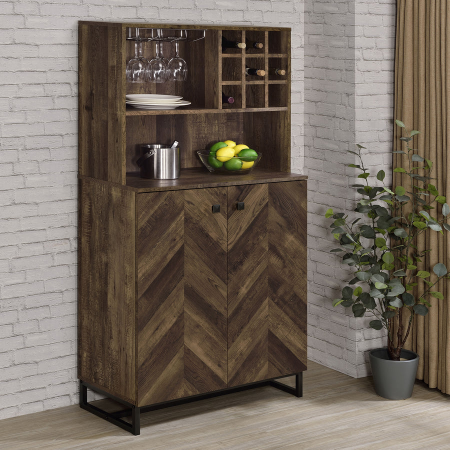 Mendoza 2-Door Bar Cabinet with Wine & Stemware Storage - Rustic Oak Herringbone