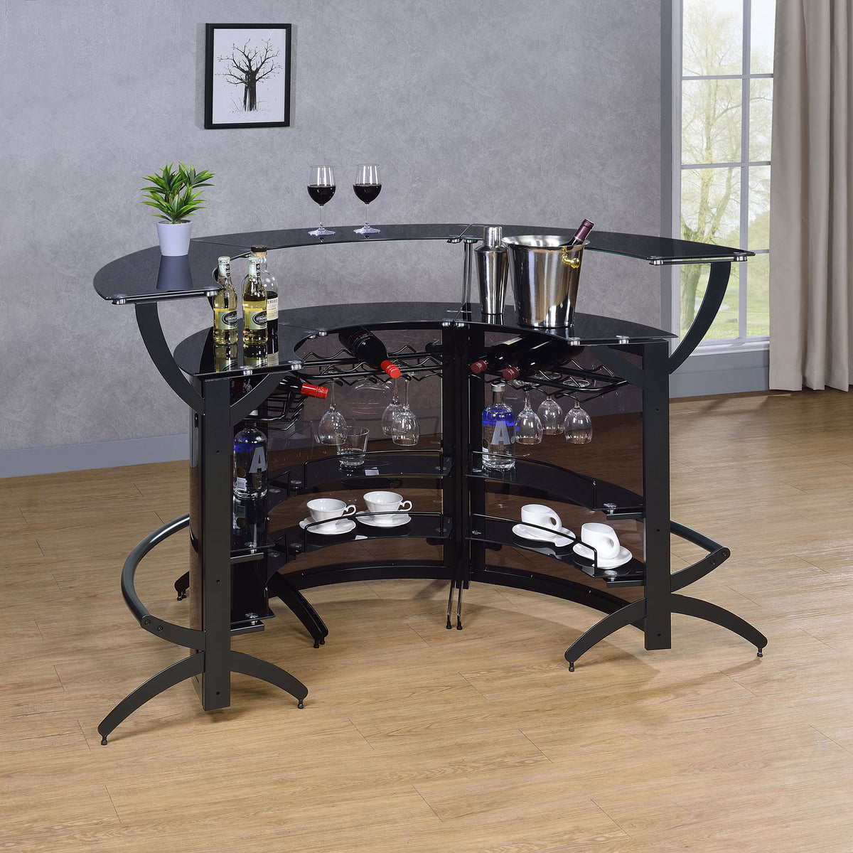Dallas Curved Home Bar Unit & 3-Piece Bar Set - Smoked Acrylic & Tempered Glass in Black – view 15