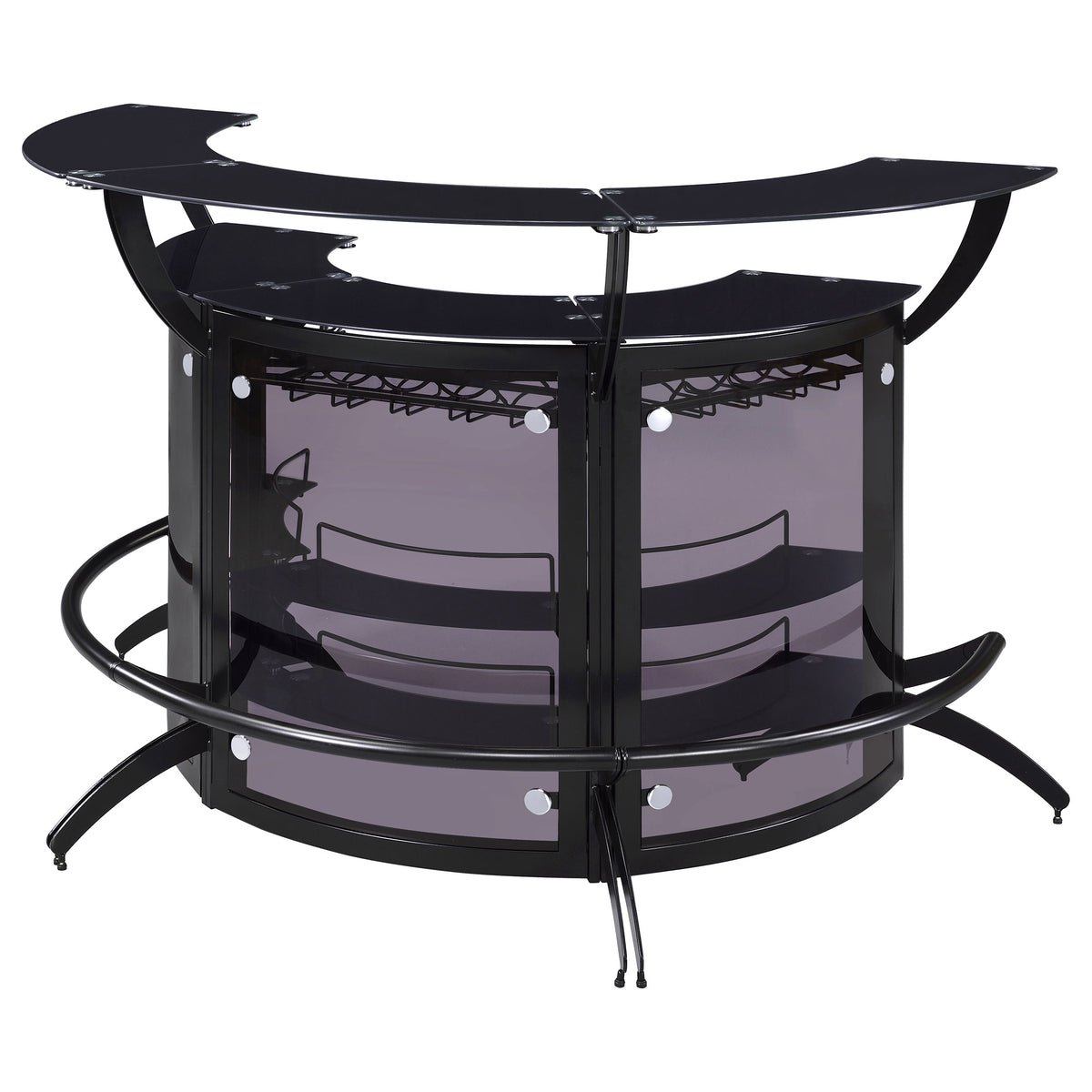 Dallas Curved Home Bar Unit & 3-Piece Bar Set - Smoked Acrylic & Tempered Glass in Black – view 17