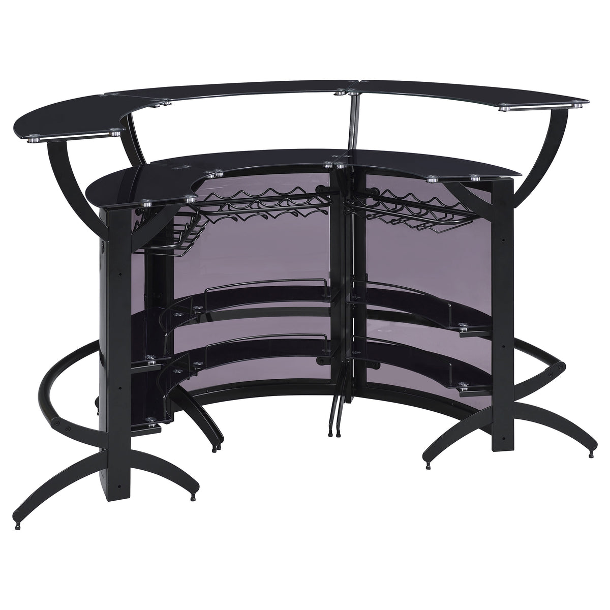 Dallas Curved Home Bar Unit & 3-Piece Bar Set - Smoked Acrylic & Tempered Glass in Black – view 19