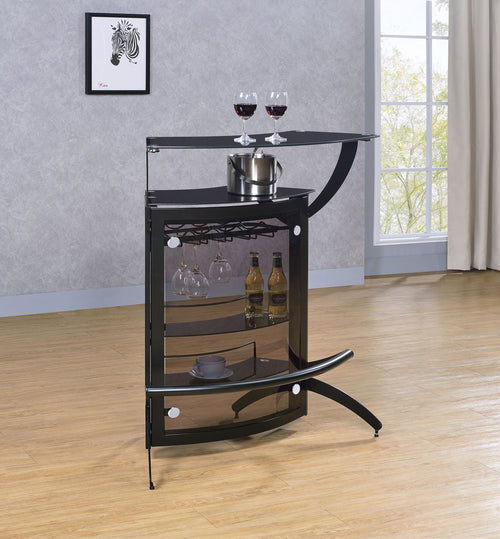 Dallas Curved Home Bar Unit & 3-Piece Bar Set - Smoked Acrylic & Tempered Glass in Black